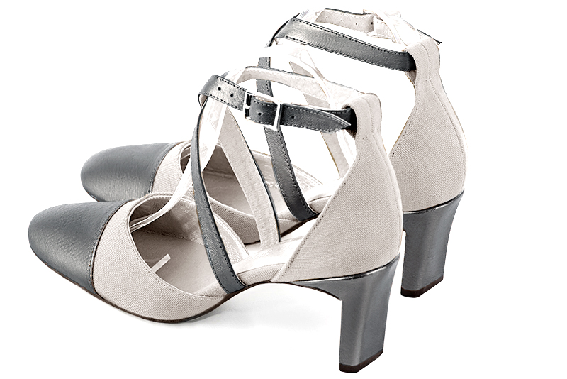 Dove grey women's open side shoes, with crossed straps. Round toe. Medium comma heels. Rear view - Florence KOOIJMAN